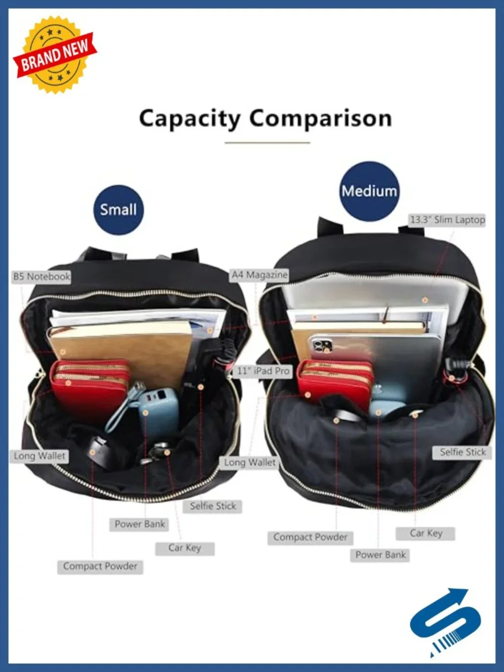 Water-Resistant Nylon Daypack with Gold Hardware, Multiple Compartments, Fits